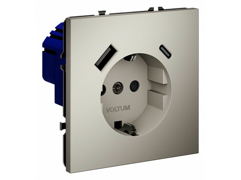 Розетка с заземлением и со шторкой и 2хUSB type A и C, без рамки Voltum S70 VLS040503