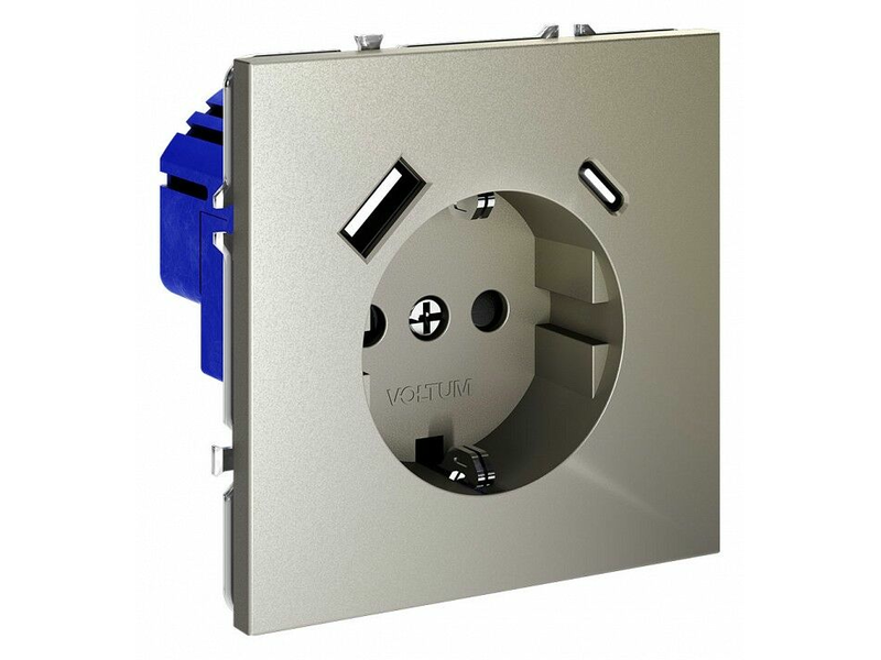 Розетка с заземлением и со шторкой и 2хUSB type A и C, без рамки Voltum S70 VLS040504